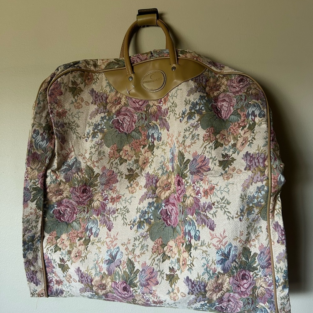 Floral Garment Bag with Tan Handles